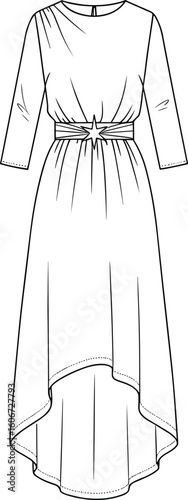 Elegant high low dress CAD drawing flat vector illustration, fashion technical sketch, trendy women’s midi gown design with belted waist