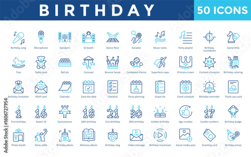 Birthday icons set with birthday song, microphone, speakers, dj booth, dance floor, karaoke, music notes, party playlist, birthday countdown, game time icon. Simple outline color vector 
