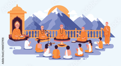 Monks Meditating Religious Ceremony in Mountain Temple