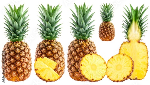 Collection of pineapples, whole and sliced