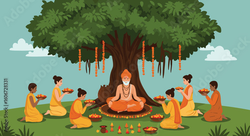 Indian Spiritual Gathering Under Banyan Tree
