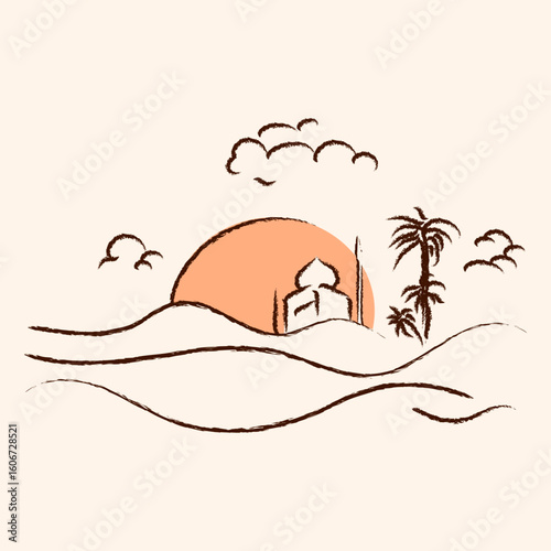 hand draw art of a mosque on the desert. Vector illustration.