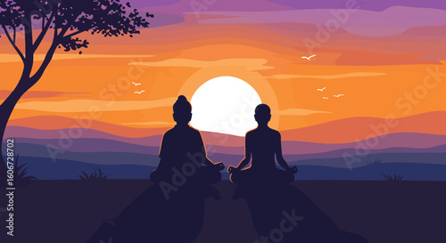 Sunset meditation Buddha person silhouette spiritual landscape