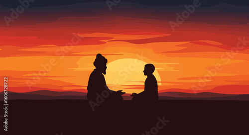 Teacher and Student Silhouettes Learning Outdoors at Sunset