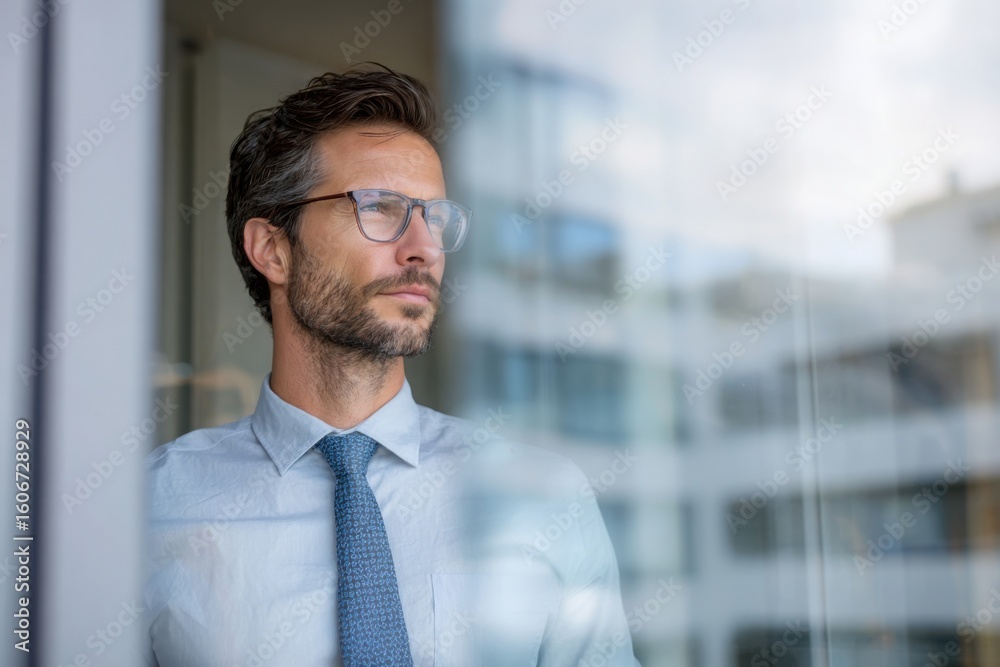 Fototapeta premium Confident man in suit gazing out high-rise window, symbolizing ambition, planning, leadership, and future business opportunities.