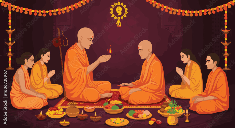 Fototapeta premium Traditional Spiritual Ceremony with Monks and Offerings