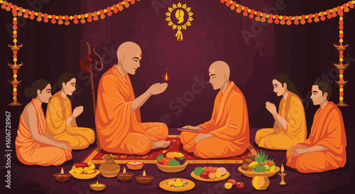 Traditional Spiritual Ceremony with Monks and Offerings