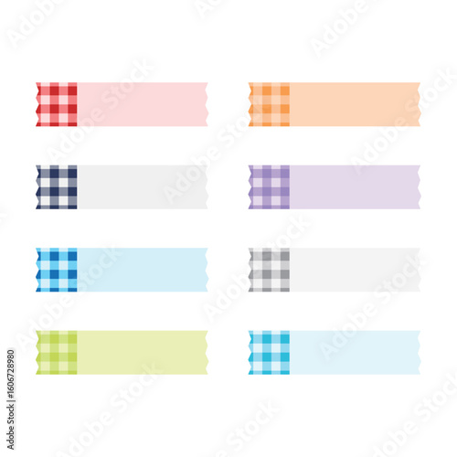 Vector label sticker set in 8 soft colors, combining gingham texture with simple solid areas. Great for journals, stationery designs, scrapbooks, and paper crafts.