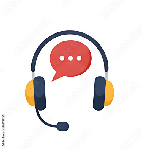 A flat design illustration of headphones with a speech bubble, representing customer service or communication.