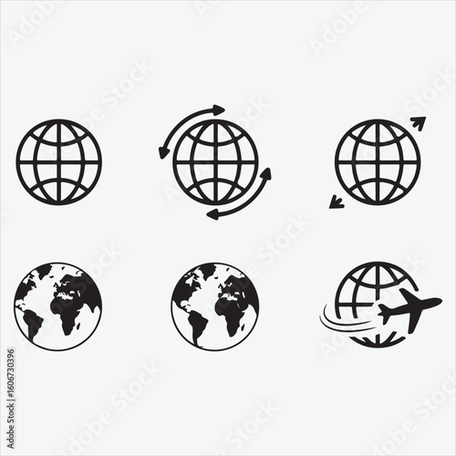 Global travel icons set world map airplane