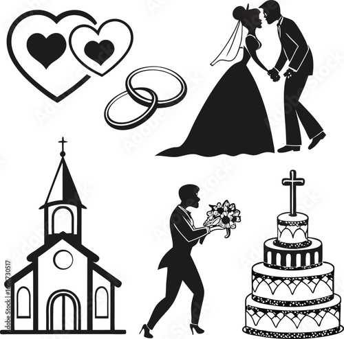 A vibrant vector illustration set of wedding icons depicting a joyful bride and groom, celebrating their love and marriage with flowers, cake, and romantic ceremony elements