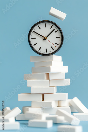 Ticking time bomb. A clock sitting atop a wobbly tower of building blocks. The clock face is clear, the tower is incomplete, and another block is falling.