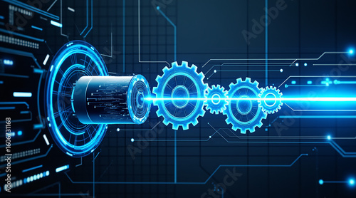 Futuristic Interface with Gears and Digital Elements Representing Technology Progress