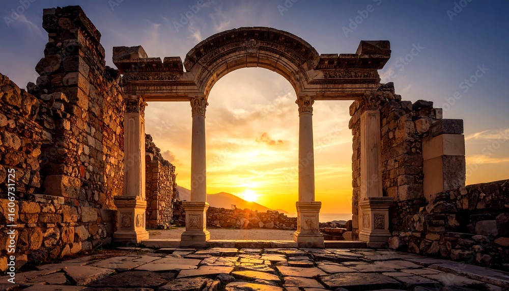 Fototapeta premium Ancient ruins gateway at sunset