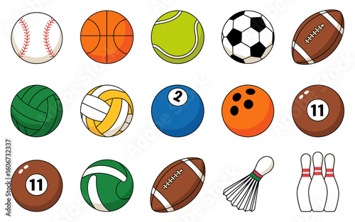 Collection of various sports equipment in a vibrant illustration featuring balls and pins for diverse athletic activities