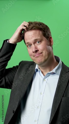 Man in suit jacket and light blue shirt with skeptical expression against a green screen backdrop view