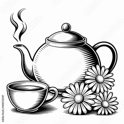 Elegant Tea Time Still Life with Teapot Cup and Daisies in Detailed Black and White Illustration