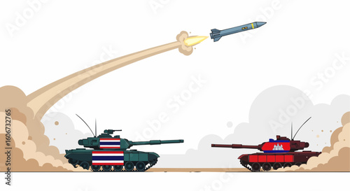 Two tanks facing each other, one firing a missile in a conflict illustration.