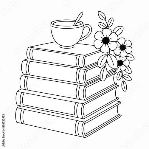 Black and white illustration of stack of books with cup of tea and flowers cozy reading concept line art