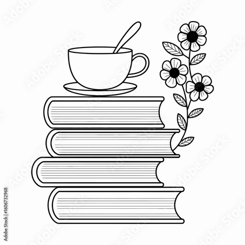 Elegant Still Life Featuring Books Coffee and Flowers Illustration for Book Lovers and Coffee Enthusiasts Artistic Line Art