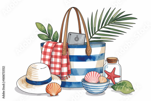 Summer Beach Bag Still Life with Accessories and Coastal Elements Hand Drawn Illustration for Vacation Vibes