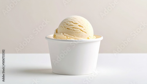 Creamy vanilla ice cream scoop in a plain white mockup cup, set against a soft neutral background