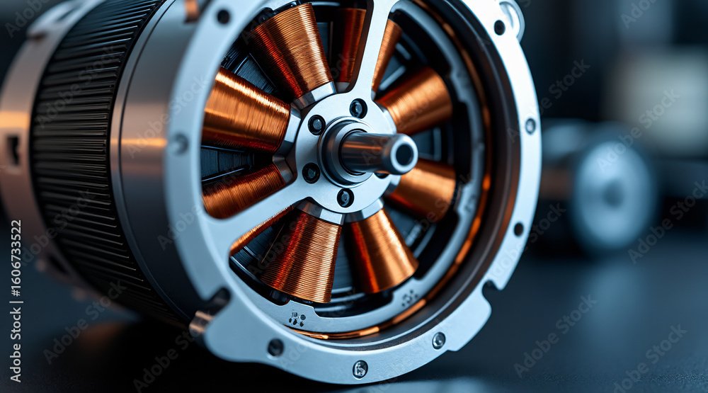 Fototapeta premium Close-up View of a Modern Electric Motor with Copper Windings and Industrial Design