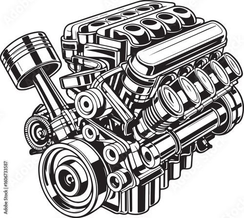 Detailed Black and White Vector of Internal Combustion Engine – Technical Auto Design Illustration