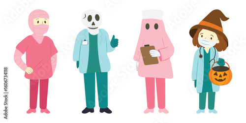 PrintVector set of medical workers collection in Halloween costumes: doctors and nurses dressed as ghost, zombie, mummy, witch Fun design, perfect for healthcare, holiday seasonal designs