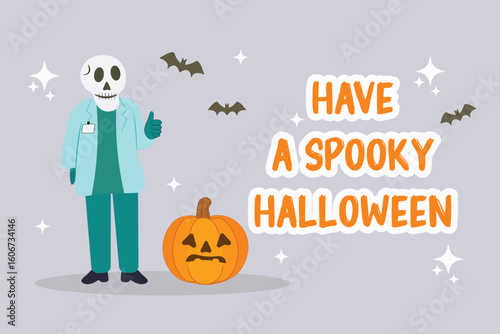 Vector illustration of doctor with skull head, jack-o’-lantern, flying bats 