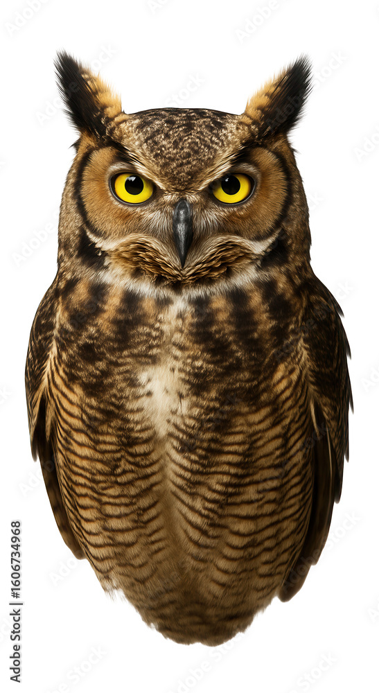 Obraz premium Great horned owl with tufted ears and intense yellow eyes