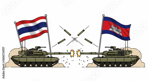 Thai and Cambodian tanks face off, flags waving amidst artillery fire.
