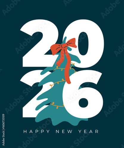 Happy 2026 new year greeting card. Sign, symbol, logo. Vector illustration of christmas tree decorated red bow hidden in numbers. Template art postcard. Print, cover, poster design element, invitation