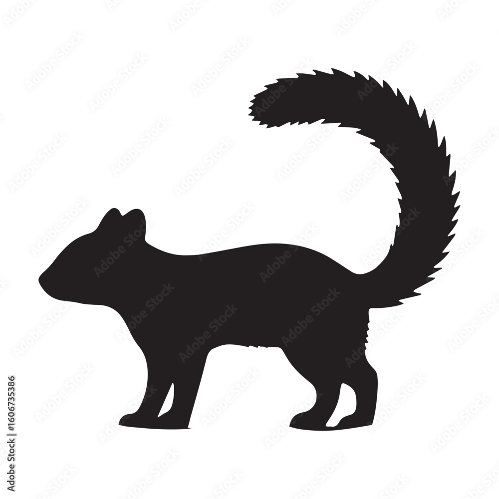 Obraz premium A black and white drawing of a black animal with a black tail Silhouette White Background. 