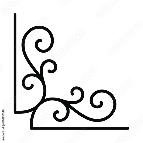 Ornate Black Iron Corner Ornament with Swirls and Elegant Flourishes for Design Use