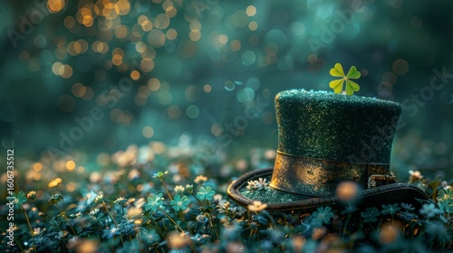Green hat with clover on a field of white flowers, magical glowing bokeh background