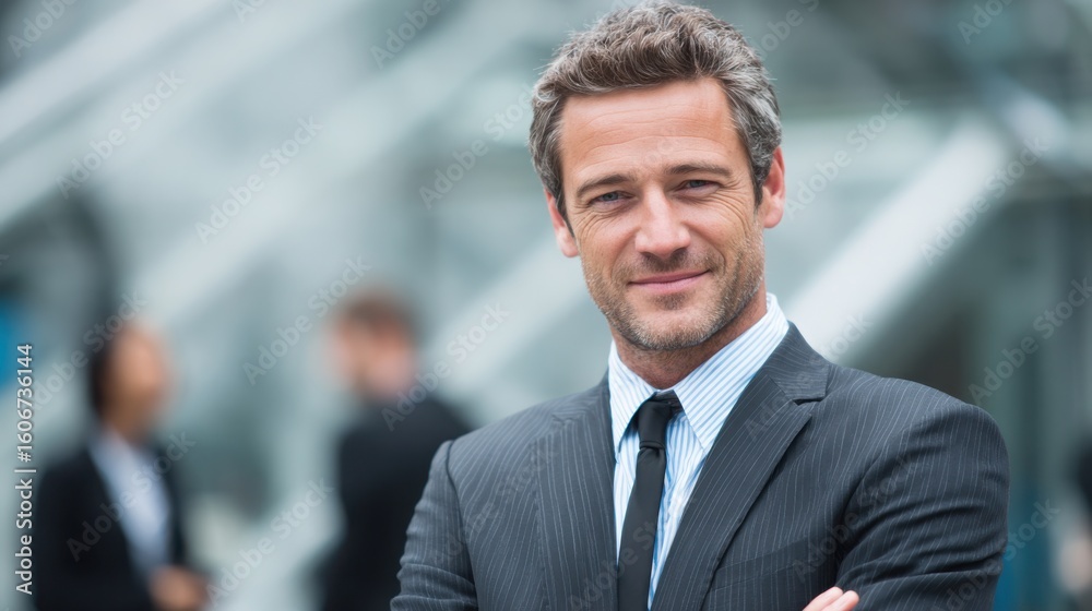 Fototapeta premium Smiling young professional in a suit with arms crossed, standing confidently in front of a modern office building, showing success and ambition.