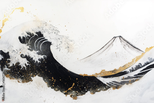 富士山と大波を描いた和風水墨アート