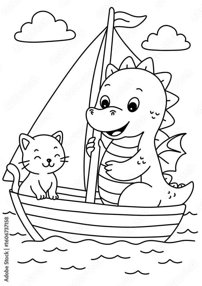 Fototapeta premium Cute cartoon-style illustration of a small dragon and a cat sailing on a boat with a sail. Clean outlines and minimal details create an easy-to-color composition, isolated on a plain background.
