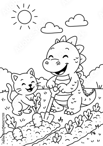 JPEG illustration of a friendly baby dragon digging with a shovel while a smiling kitten helps harvest carrots in a sunny garden. Clean black-and-white line art with thick outlines