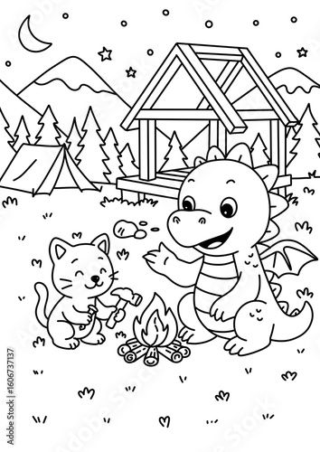 JPEG illustration of a friendly baby dragon and a kitten camping at night by a cozy campfire. A-frame cabin frame, tent, pine trees, mountains, moon and stars in the background. 
