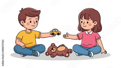 Illustration of playful children sharing toys car and teddy bear together cheerfully