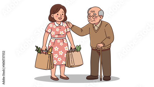 Illustration of a young woman helping elderly man with groceries showing care and support