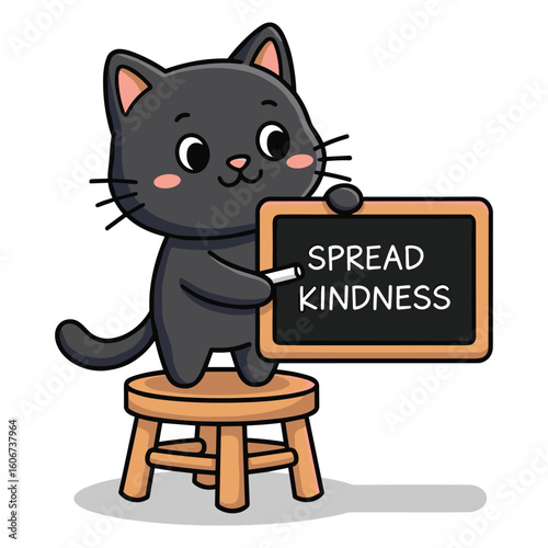 Cute Black Cat Character Holding Chalkboard Sign Promoting Kindness and Positivity Illustration