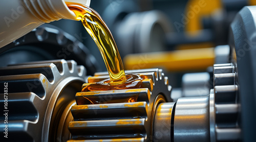Viscous Oil Being Poured into Intricate Gears of a Mechanical Engine Part