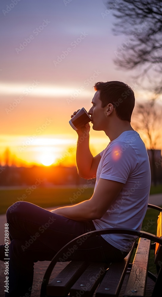 Obraz premium A man sits on a park bench enjoying a drink at sunset.