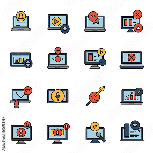 Collection of flat design icons representing digital marketing, analytics, and online business processes on computer screens.
