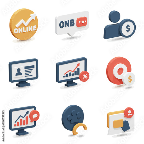 A collection of modern 3D isometric icons representing online business, financial growth, digital analytics, and user engagement concepts.