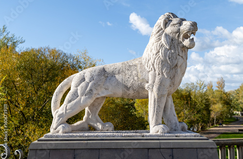 Leon, Spain - November 2, 2024: Decoration of the bridge called the Bridge of Lions that crosses the Bernesga River, in the center of the city of Leon, Spain.