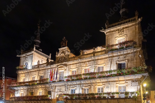 Leon, Spain - November 02, 2024: Exterior facade of the main square in the city of Leon, Spain